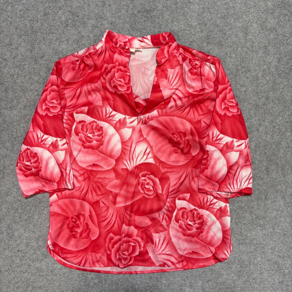 Vintage Queen of Hearts Red Floral Rose Print Blouse 3/4 Sleeve Medium